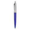 A blue plastic pen with a shiny silver clip and tip, featuring a logo on the body.
