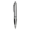 A silver plastic pen with a black grip and clip, featuring a reflective finish and a streamlined design.