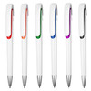 A set of six plastic pens with white bodies and coloured clips in orange, green, blue, purple, and black.