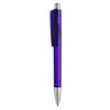 A purple plastic pen with a silver tip and a clip, featuring a logo on its body.