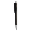 A black plastic pen with a silver clip, featuring a sleek design and a logo.