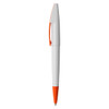 A plastic pen featuring a white body and orange accents, complete with a branding logo.