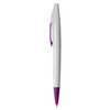 A white and purple plastic pen with a clip and a logo on the barrel.