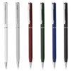 A collection of plastic pens in white, silver, red, green, blue, and black, each featuring a clip and metal accents.