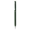 A green plastic pen with a shiny silver clip and accents, featuring a logo.