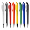 A set of eight plastic pens in white, silver, orange, yellow, green, blue, and black, featuring a logo on each.