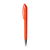 An orange plastic pen with a sleek design and a silver tip, featuring a clip for easy attachment.
