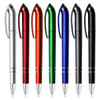 A collection of metallic pens in silver, red, orange, green, blue, and black, featuring a logo on each.
