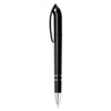 A black plastic pen with a sleek design and chrome accents. It features a clip and has a branding logo.