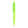 A bright green plastic pen with a clip and a smooth finish. It features a logo on its body.