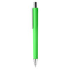 A green plastic pen with a silver clip and a smooth tip, featuring a logo.
