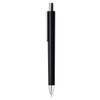 A black plastic pen with a silver clip and metallic tip, featuring a logo on its side.