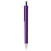 A purple plastic pen with a chrome clip and a metallic accent near the tip, featuring a branding logo.