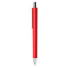 A red plastic pen with a silver clip and a shiny finish. The pen has a standard ballpoint tip and features branding.
