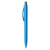 A blue plastic pen with a silver tip and a clip. It features a smooth design and has a branding logo.