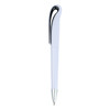 A plastic pen in white with a black clip and silver tip, featuring a logo on the barrel.