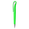 A bright green plastic pen with a curved clip and silver tip, featuring a logo.