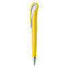 A yellow plastic pen with a sleek design and a silver clip. It features a logo on the body.