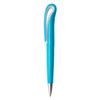 A plastic pen in a bright blue colour with a unique clip design. It features a logo on the barrel.