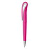 A pink plastic pen with a unique curved clip and a silver tip, featuring a logo.