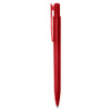 A red plastic pen with a transparent body and a clip, featuring branding on the barrel.