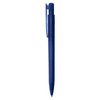 A plastic pen in a deep blue colour, featuring a clip and a sleek design. The pen has a branding logo.