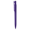 A purple plastic pen featuring a clip and a smooth design. It has a branding logo on the body.
