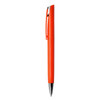 An orange plastic pen with a silver clip and tip, featuring a logo on the body.