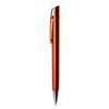 A sleek metallic orange pen with a silver tip and clip, featuring a branding logo.