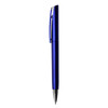 A blue metallic pen featuring a sleek design and a clip, with a silver tip and branding.
