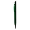 A metallic green pen with a sleek design and a clip. The pen features a shiny finish and has a branding logo.