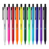 A collection of plastic pens in various colours, including white, red, pink, orange, green, blue, and purple, featuring branding.