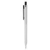 A plastic pen in white with a black clip and tip. The pen features a logo on the side.