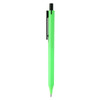 A bright green plastic pen with a black clip and nib, featuring a simple design and branding.