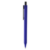 A plastic pen in vibrant blue with a black clip and tip, featuring a logo on its side.