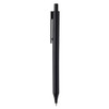 A black plastic pen with a clip and a retractable tip. It features a logo along the side.
