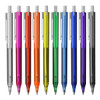 A collection of plastic pens in various colours including red, orange, yellow, green, blue, and purple, featuring clips and white tips.