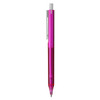 A pink plastic pen featuring a transparent grip and a silver clip, with a branding logo.
