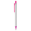 A plastic pen in white with pink accents, featuring a logo on its barrel.