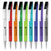 A collection of plastic pens in various colours: white, red, orange, green, blue, and purple, each with a shiny clip.