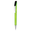 A plastic pen in bright green with a shiny chrome clip and tip. The pen features a logo on its body.
