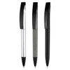 Three plastic pens in silver, grey, and black, featuring sleek designs and clip tops. Each pen has a branding logo.