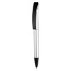 A plastic pen with a silver barrel and black accents, featuring a clip and a logo.