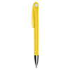 A plastic pen in bright yellow with a sleek design and a silver tip. It features a branding logo.