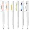A collection of white plastic pens with coloured clips in red, orange, yellow, green, blue, and black. Each pen has a logo.