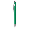A green plastic pen with a silver clip and tip, featuring a simple design.