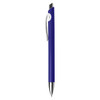 A plastic pen in a vibrant blue colour with a silver clip and trim. It features a logo.
