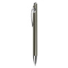 A sleek, metallic grey pen with a chrome clip and tip, featuring a simple design and branding.