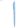 A sky blue plastic pen with a textured grip and a clip. Features a logo on the body.
