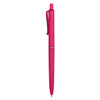 A pink plastic pen with a clip and a textured grip, featuring a logo on the barrel.